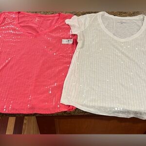 New York & Company Pink and White Short Sleeve Tees